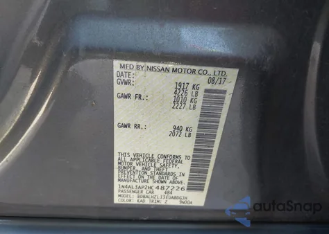 2017 Nissan Altima 2.5 Sr from USA, damaged, VIN 1N4AL3AP2HC487226